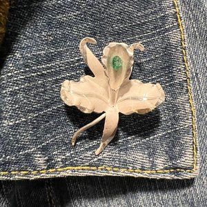 Vintage Silver and White Orchid with emerald stone Brooch